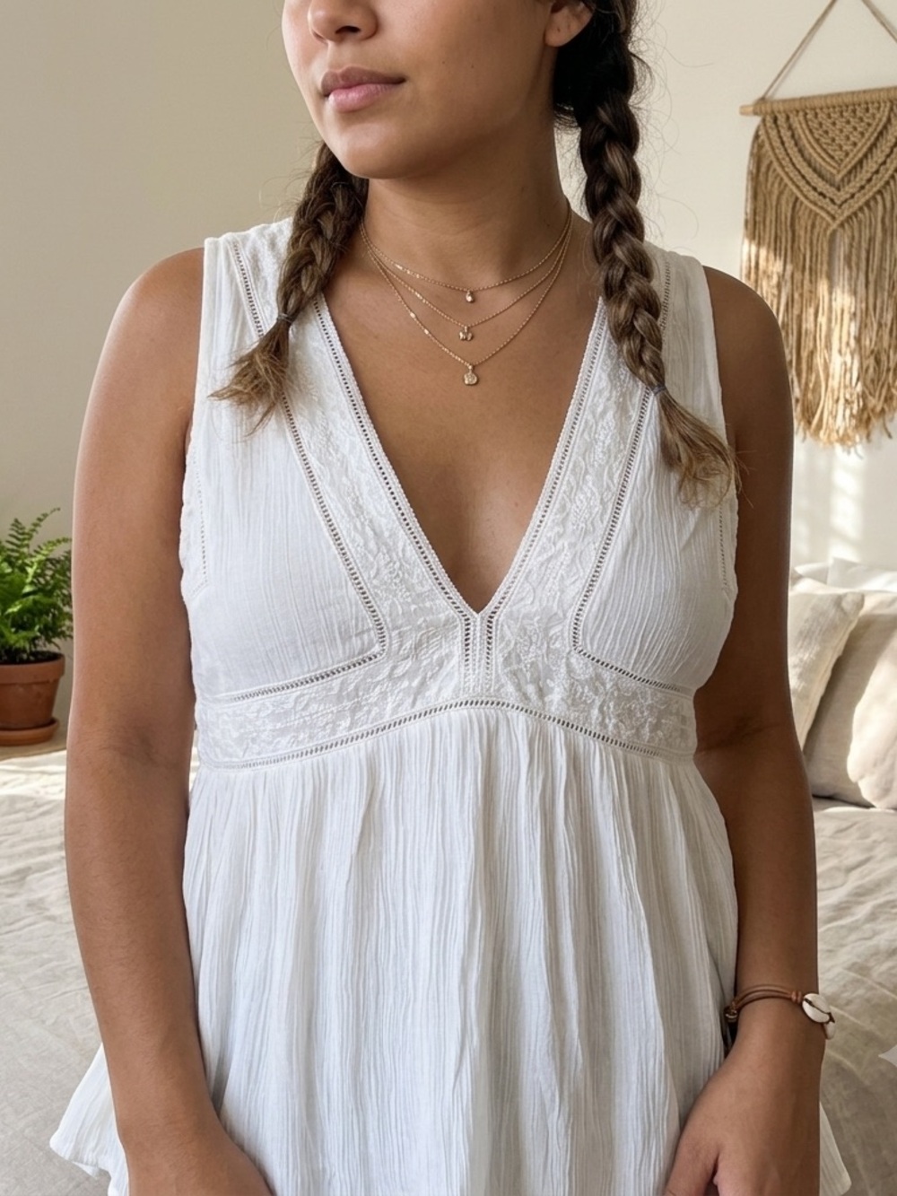 Boho Sheer White Embroidered Deep V Peplum Tank Top Size M